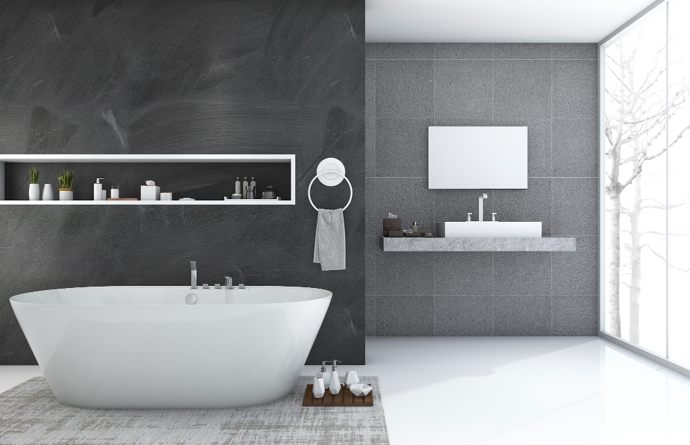 Une baignoire moderne dans une salle de bain couleur grise